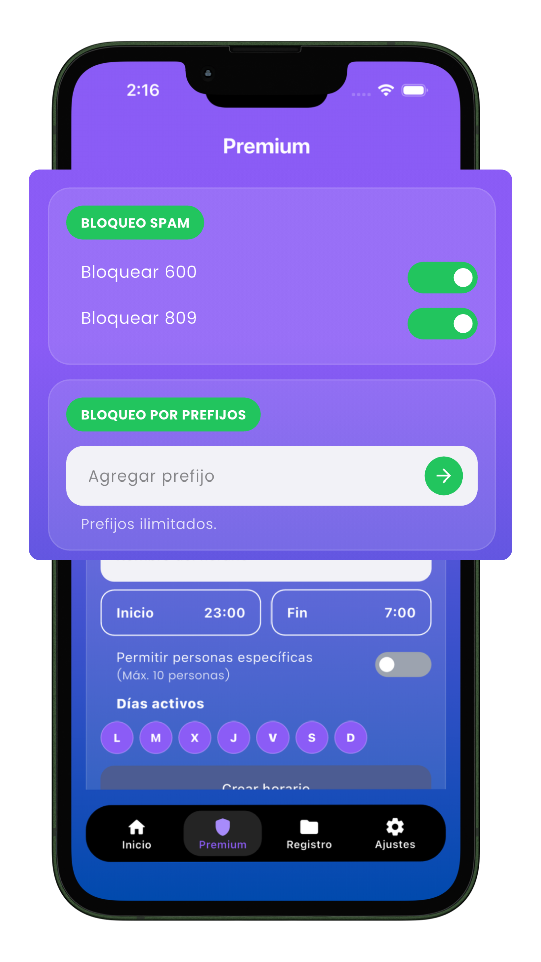 Bloqueo de prefijos y spam con un clic